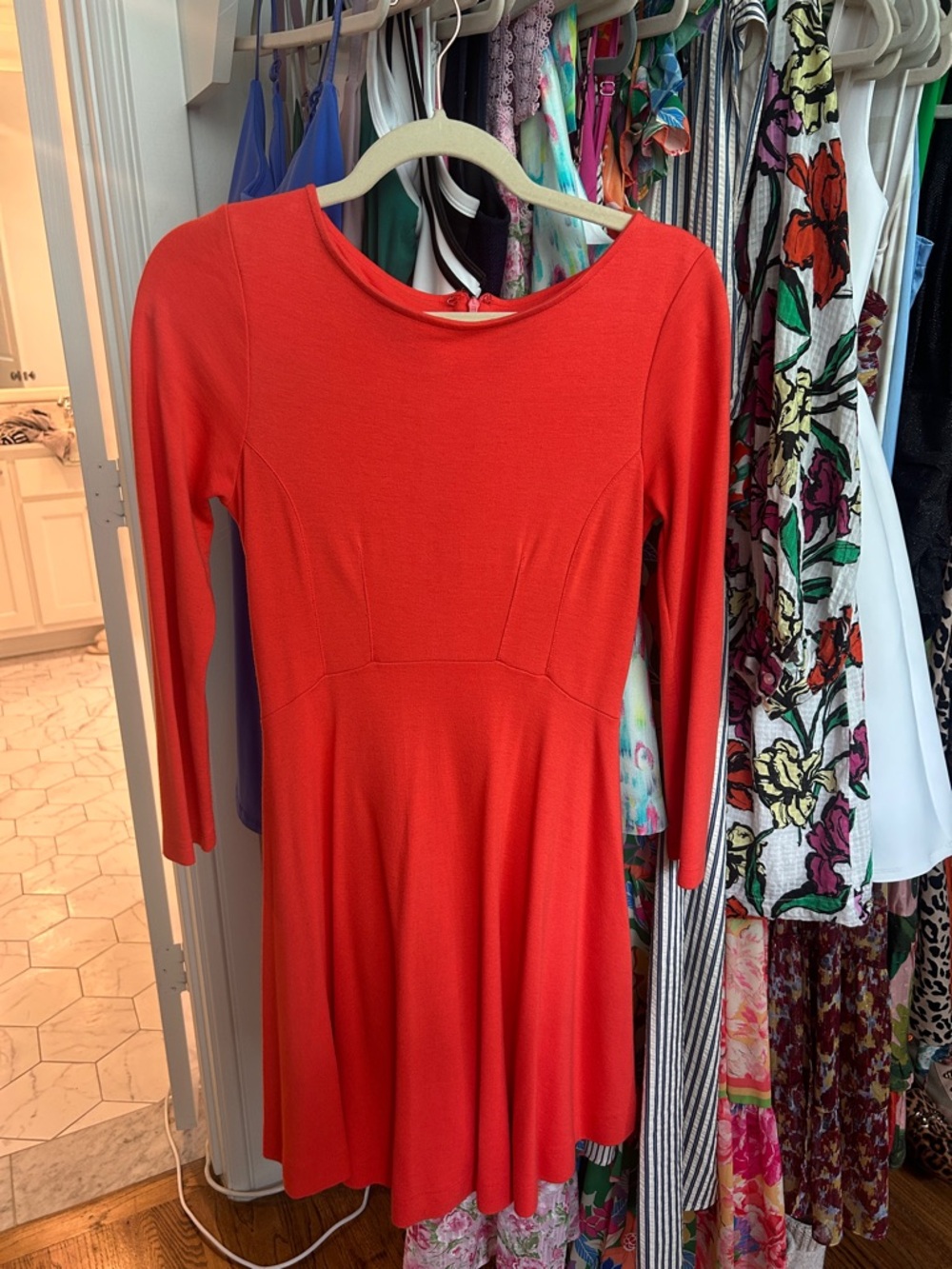 Women’s Orange Stretchy Long-Sleeve Fit & Flare Dress